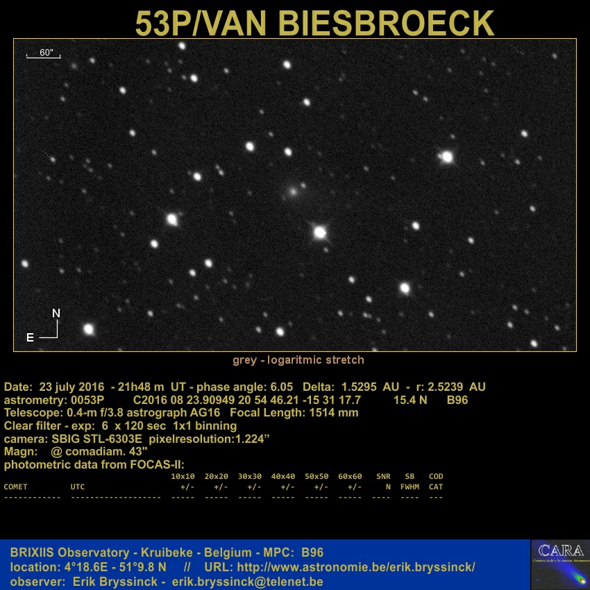 Comet 53P/VAN BIESBROECK by Erik Bryssinck from BRIXIIS Observatory on 23 august 2016