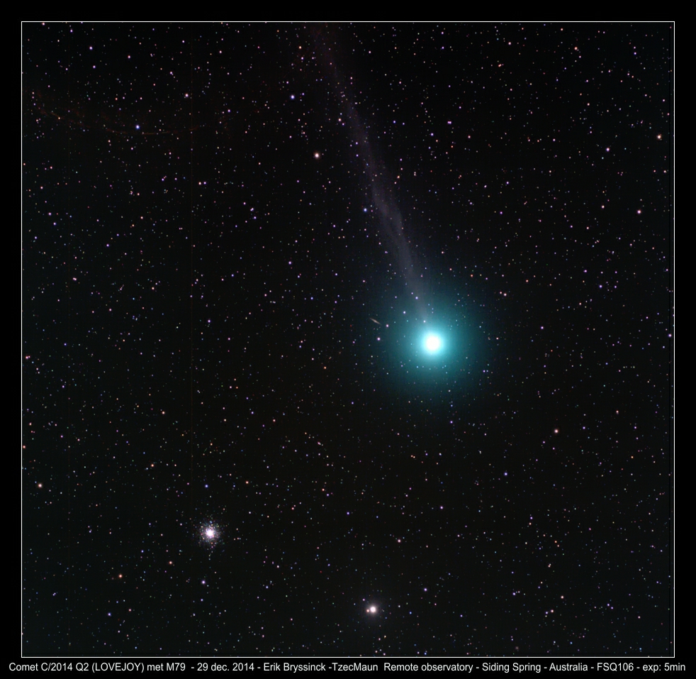color image comet C/2014 Q2 (LOVEJOY) - comet met M79 - by Erik Bryssinck