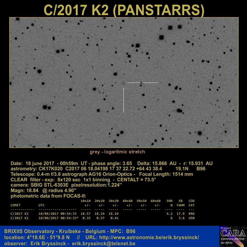 picture of comet C/2017 K2 (PANSTARRS) by Erik Bryssinck on 18 june 2017