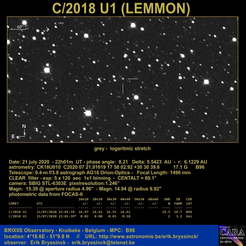 Comet C/2018 U1 (LEMMON) on 21 july 2020, Erik Bryssinck