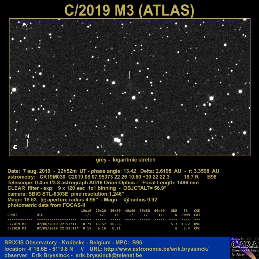 comet C/2019 M3 (ATLAS) on 7 aug. 2019, Erik Bryssinck