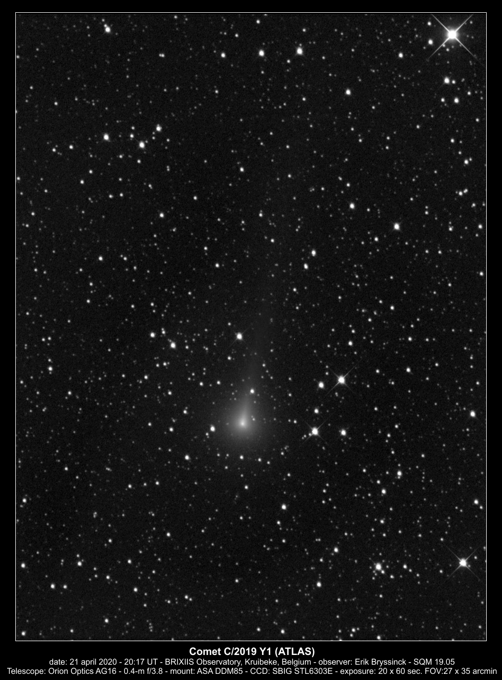 comet C/2019 Y1 (ATLAS) on 21 april 2020, Erik Bryssinck, BRIXIIS Observatory, B96 observatory