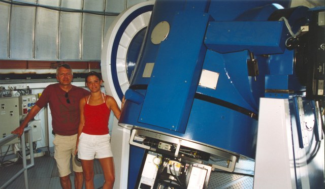Erik Bryssinck and Liesbeth Bryssinck near the Mercator telescope on La Palma island in 2005