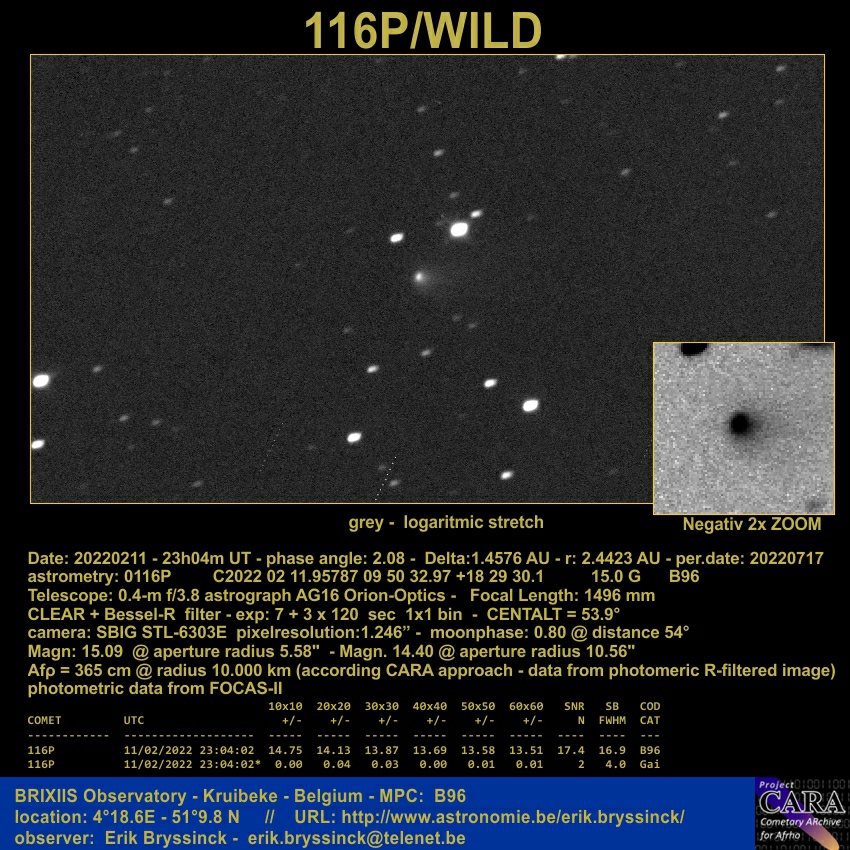 comet 116P/WILD, 11 febr. 2022, Erik Bryssinck, BRIXIIS Observatory, B96 observatory
