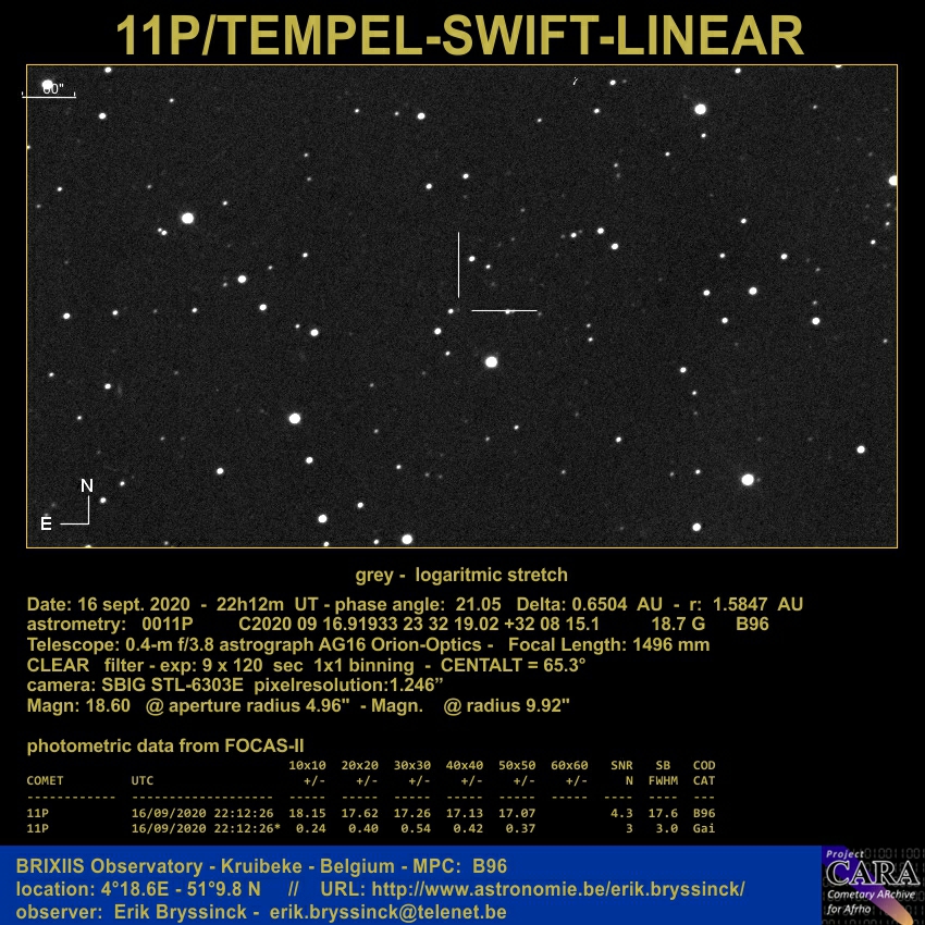 comet 11P/TEMPEL-SWIFT-LINEAR on 16 sept. 2020, Erik Bryssinck