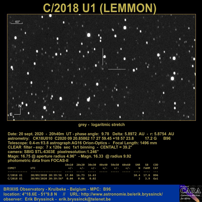 comet C/2018 U1 (LEMMON) on 20 sept. 2020, Erik Bryssinck