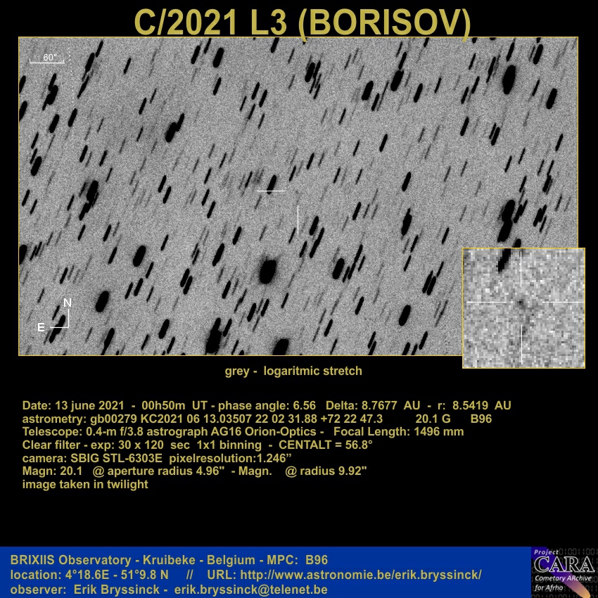 comet C/2021 L3 (BORISOV), 13 june 2021, Erik Bryssinck, BRIXIIS Observatory