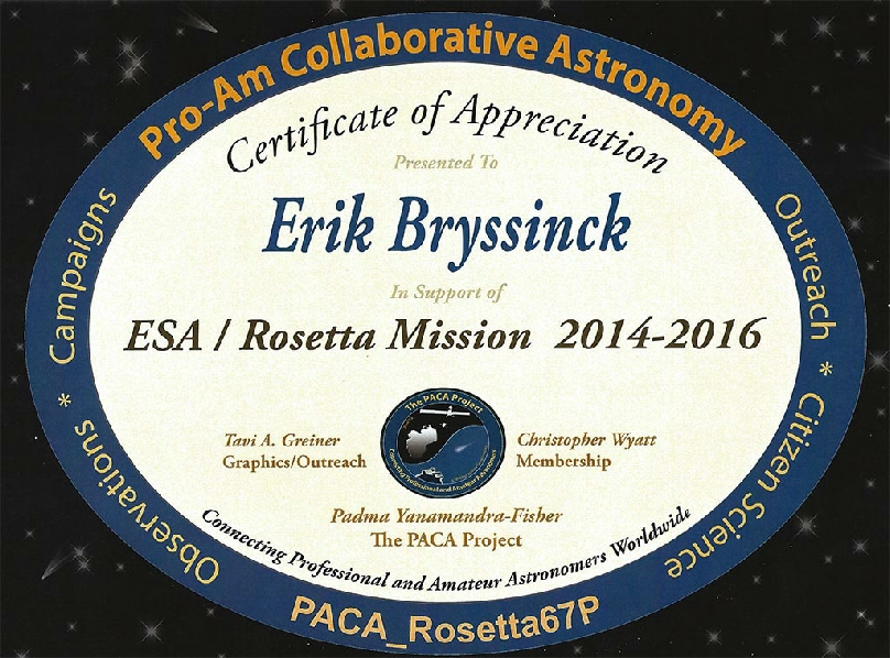 certificate Pro-Am collaboration, ESA ROsetta mission, Erik Bryssinck