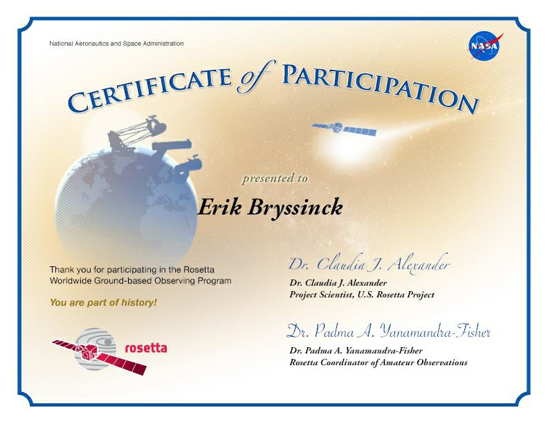 certificate of participation NASA, Rosetta mission, observing comet 67P, Erik Bryssinck